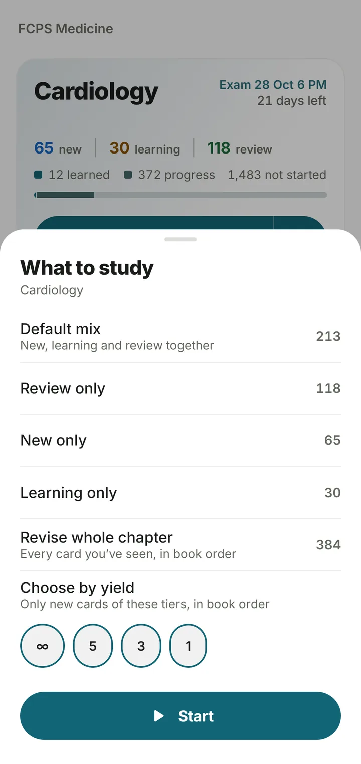 The Curevise What to study sheet: default mix, review only, new only, learning only, revise whole chapter, and choose by yield.