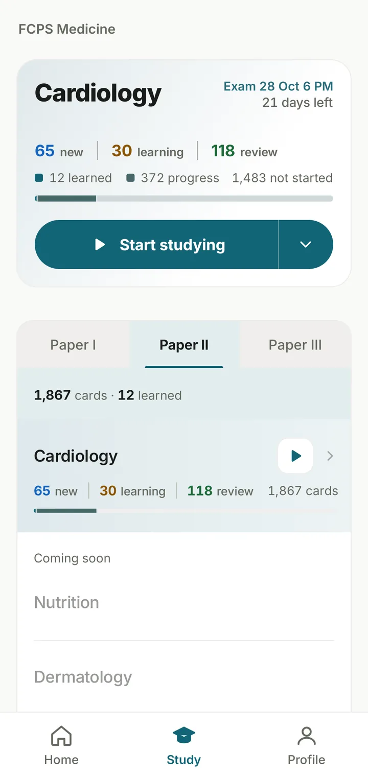 The Curevise Study tab: Cardiology, exam on 28 October at 6 PM, 21 days left, with new, learning and review counts.